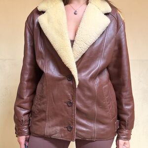 Brown Leather Shearling Jacket with Cream Collar